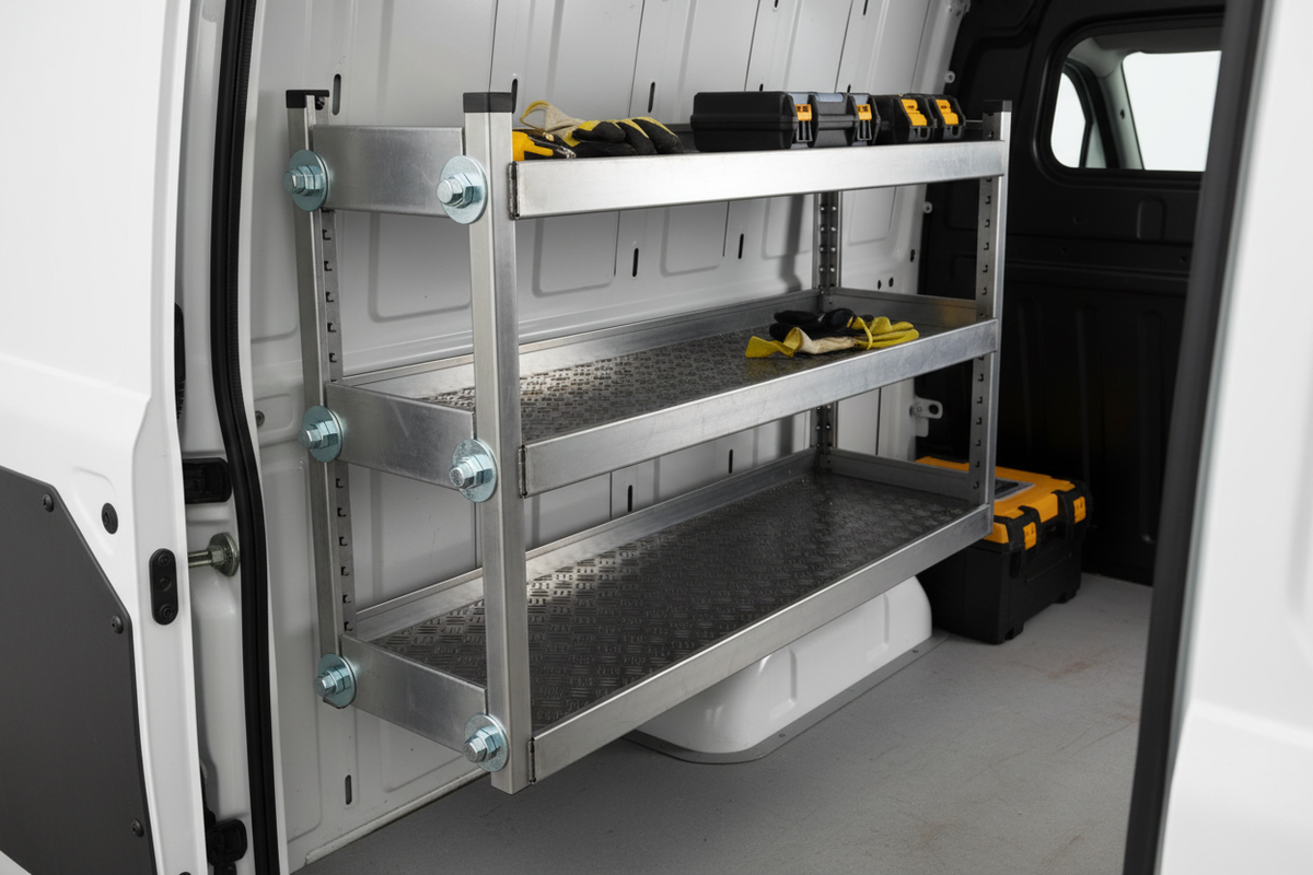 Steel shelving rack close-up